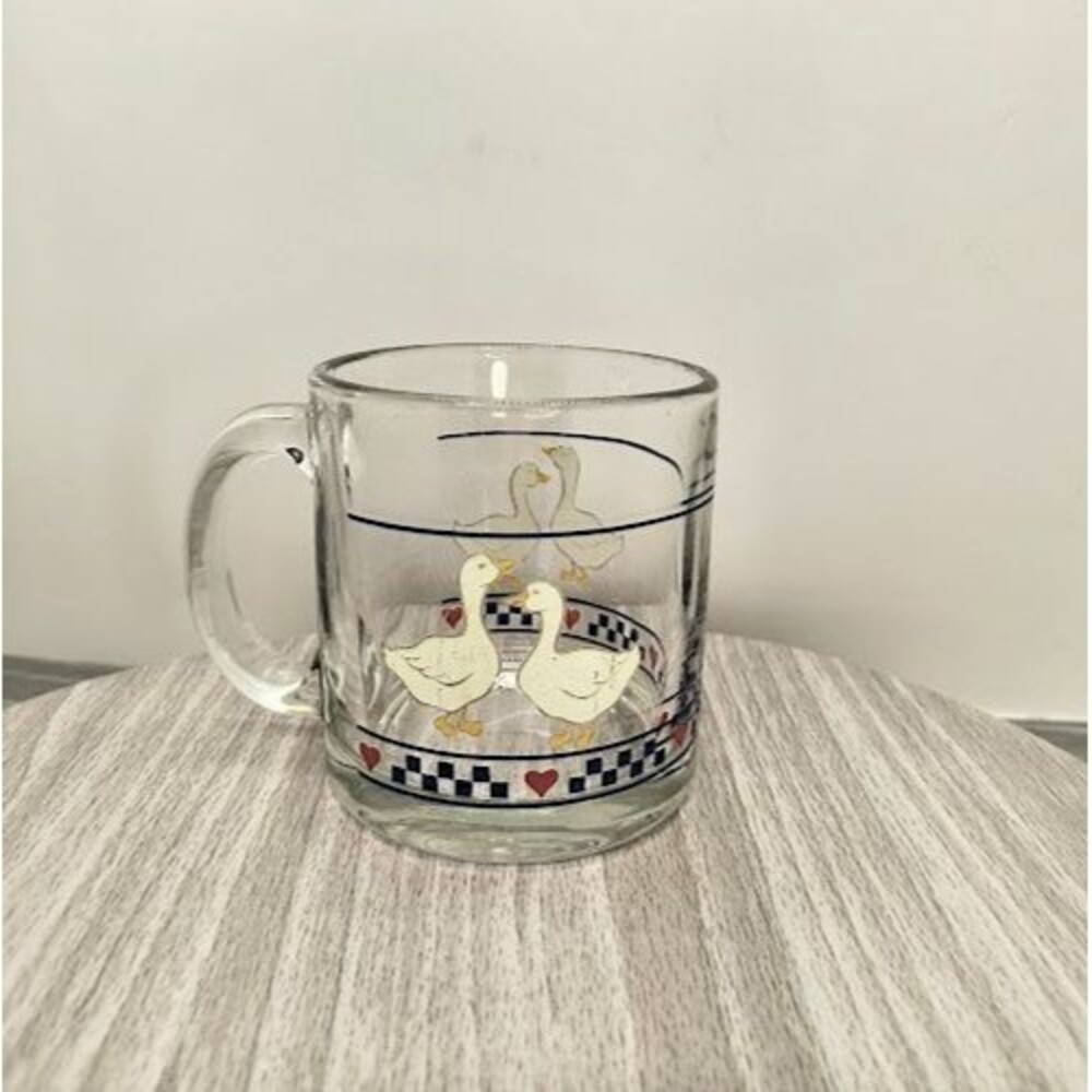 Vintage Libbey Country Goose Glass  Mug With Blue Checkered Band & Red Hearts